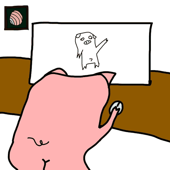 Squig at a desk drawing a pig on the screen