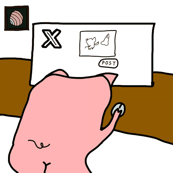 Squig at a desk about to post the drawing on X