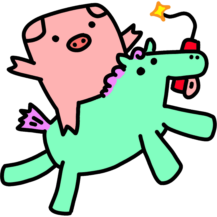 Squig the pig riding a unicorn